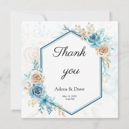 Tarjeta De Agradecimiento Boda floral elegante azul beige