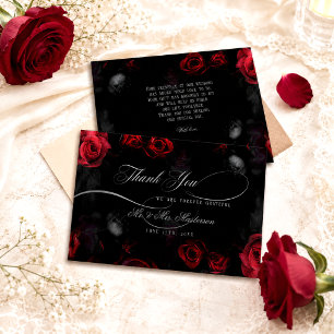 Tarjeta De Agradecimiento Boda floral elegante caligrafía roja negra