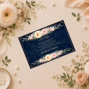 Tarjeta De Agradecimiento Boda floral elegante de color azul marino