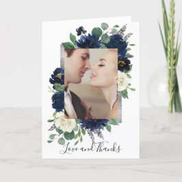 Tarjeta De Agradecimiento Boda floral elegante de color azul y plateado de l