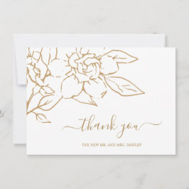 Tarjeta De Agradecimiento Boda Floral Elegante de la Línea de Oro Art Magnol
