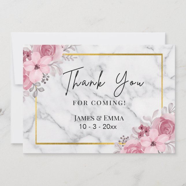 Tarjeta De Agradecimiento Boda floral elegante de mármol blanco (Anverso)