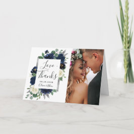 Tarjeta De Agradecimiento Boda floral elegante de Navy Blue y Silver