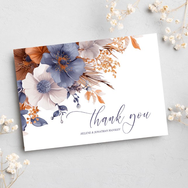 Tarjeta De Agradecimiento Boda Floral Elegante de polvo azul oxidado (Floral Elegant Dusty Blue Rust Wedding Thank You Card)