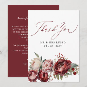 Tarjeta De Agradecimiento Boda floral elegante de Rubor en Borgoña