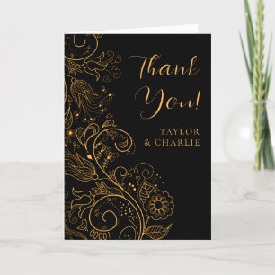 Tarjeta De Agradecimiento Boda floral elegante dorado y negro