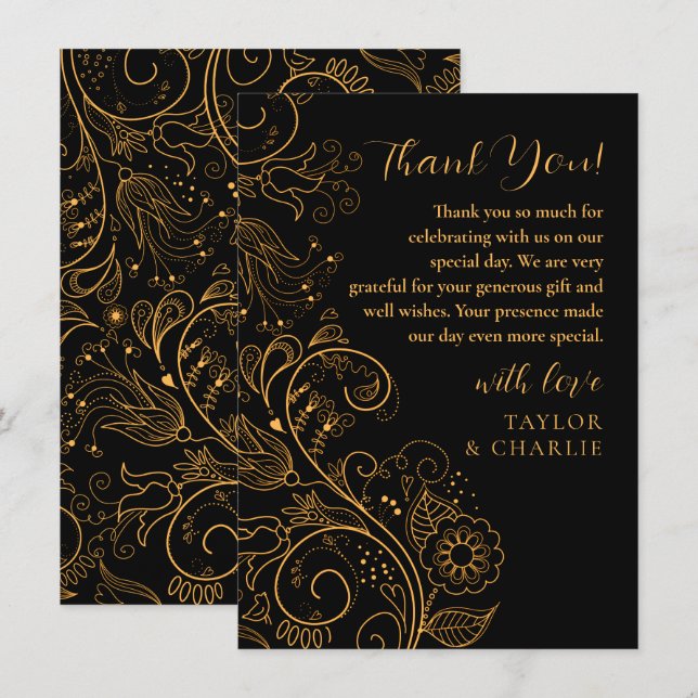 Tarjeta De Agradecimiento Boda floral elegante dorado y negro (Anverso / Reverso)