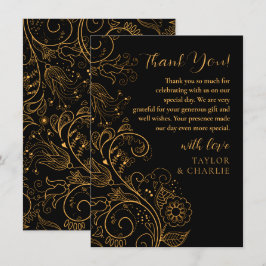 Tarjeta De Agradecimiento Boda floral elegante dorado y negro