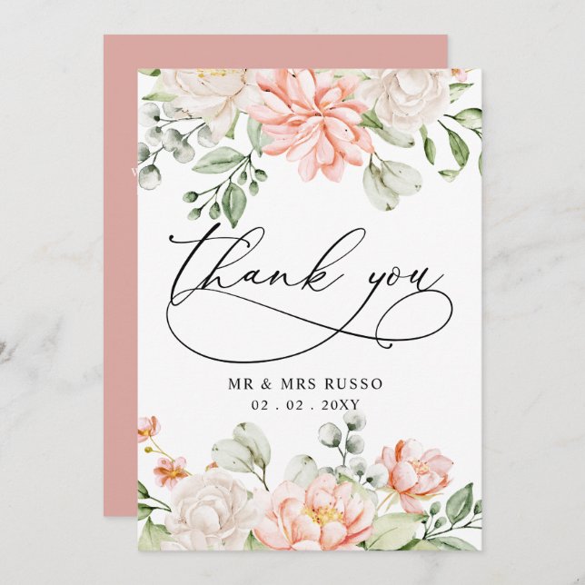 Tarjeta De Agradecimiento Boda floral elegante moderna botánica rosa palo (Anverso / Reverso)