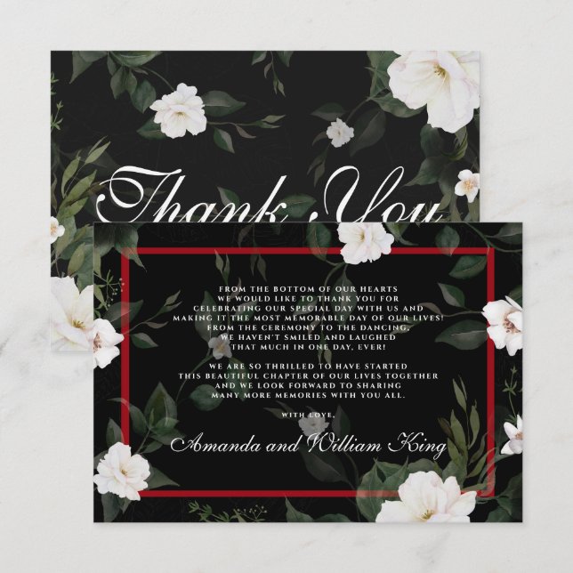 Tarjeta De Agradecimiento Boda floral elegante negro y rojo gracias (Anverso / Reverso)