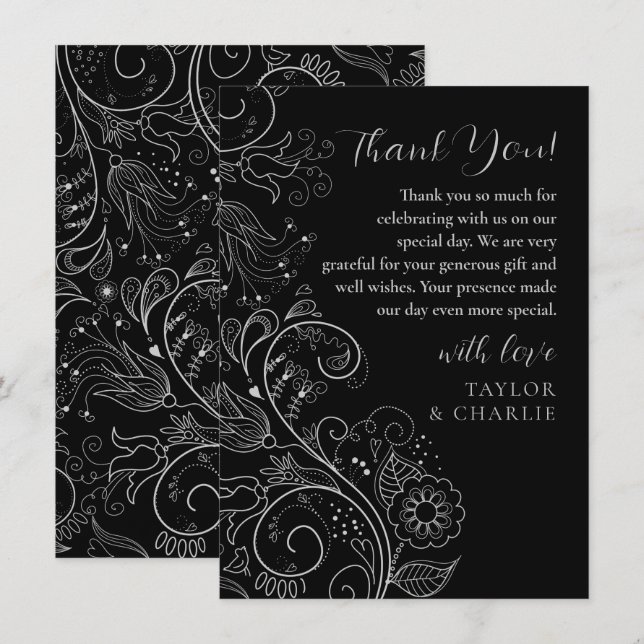 Tarjeta De Agradecimiento Boda floral elegante plateado y negro (Anverso / Reverso)