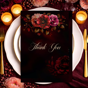 Tarjeta De Agradecimiento Boda floral elegante roja negra y temperamental