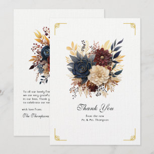 Tarjeta De Agradecimiento Boda floral en oro, azul marino y borgoña