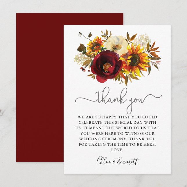 Tarjeta De Agradecimiento Boda Floral Fall Sunflower Burgundy (Anverso / Reverso)