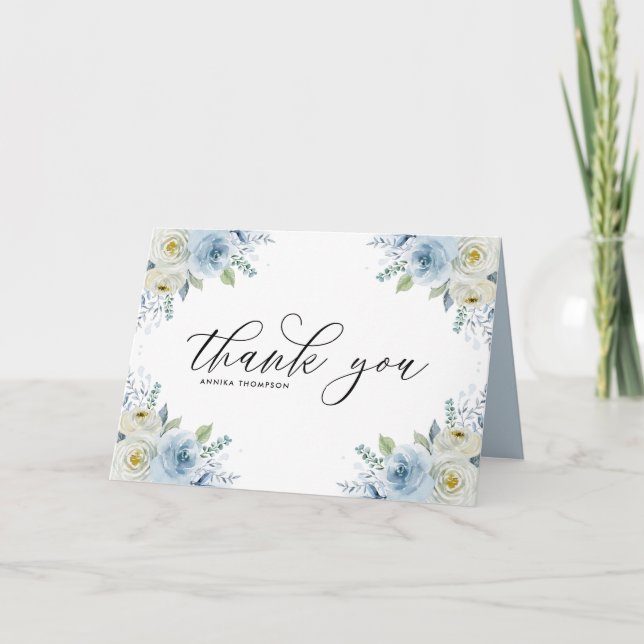 Tarjeta De Agradecimiento Boda Floral Floral Azul Azul claro (Anverso)
