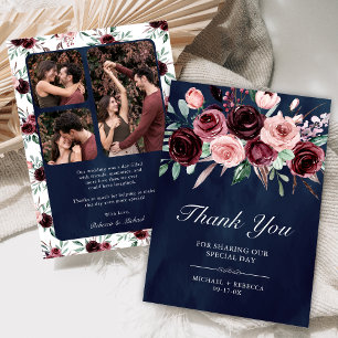 Tarjeta De Agradecimiento Boda Floral Foto Burgundy Rosa Polvoriento Marina