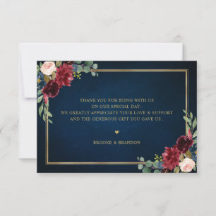 Tarjeta De Agradecimiento Boda Floral Geométrica Burgundy Azul Marino Rubor