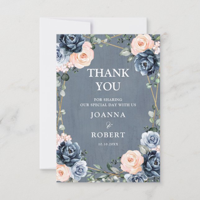 Tarjeta De Agradecimiento Boda floral geométrica con tono azul polvoriento y (Anverso)