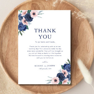 Tarjeta De Agradecimiento Boda floral geométrica de azul marino y rubor