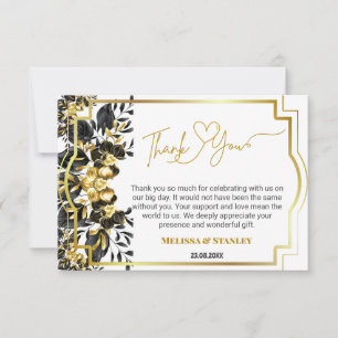 Tarjeta De Agradecimiento Boda Floral Geométrica Monograma Dorado Negro Atrá
