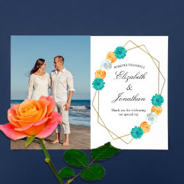 Tarjeta De Agradecimiento Boda floral geométrica naranja y azul turquesa