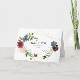 Tarjeta De Agradecimiento Boda Floral Geométrico Azul Borgoña Gracias
