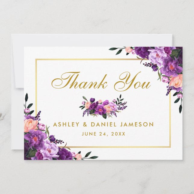 Tarjeta De Agradecimiento Boda floral Gold Purple Ultra Violet Gracias (Anverso)