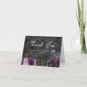 Tarjeta De Agradecimiento Boda floral gótica morada y negra