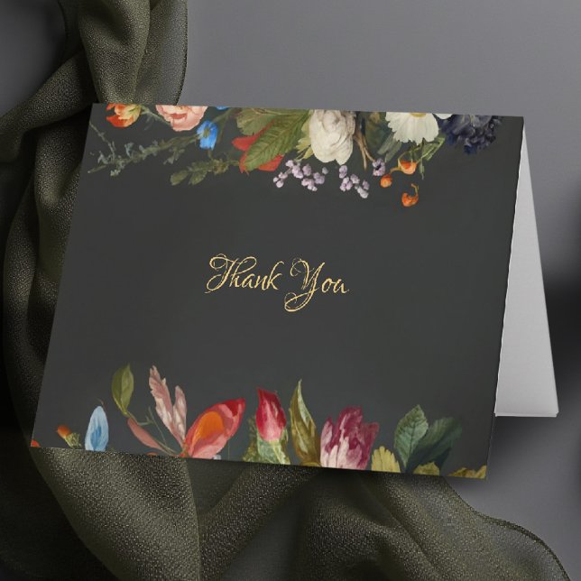 Tarjeta De Agradecimiento Boda Floral Gótica Romántica y Oscura y Melancólic (moody wedding folded thank you card dark romantic gothic elegant modern classic floral oil painting)