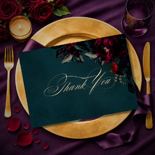 Tarjeta De Agradecimiento Boda floral gótica turquesa de rojo oscuro tempera