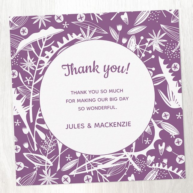 Tarjeta De Agradecimiento Boda floral gráfico púrpura moderno gracias (Modern botanical purple floral wedding thank you card)