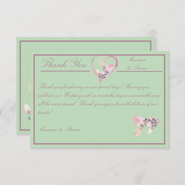 Tarjeta De Agradecimiento Boda Floral Green y Mauve (Anverso / Reverso)