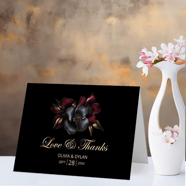 Tarjeta De Agradecimiento Boda floral gris negro de Borgoña (Subido por el creador)