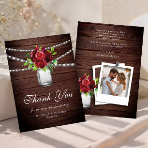 Tarjeta De Agradecimiento Boda Floral Madera Rojo Borgoña Foto
