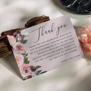 Tarjeta De Agradecimiento Boda floral malva pálido Rosas de jardín rosadas