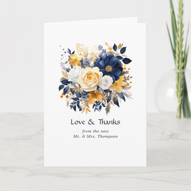 Tarjeta De Agradecimiento Boda floral marina, blanca y dorada (Anverso)