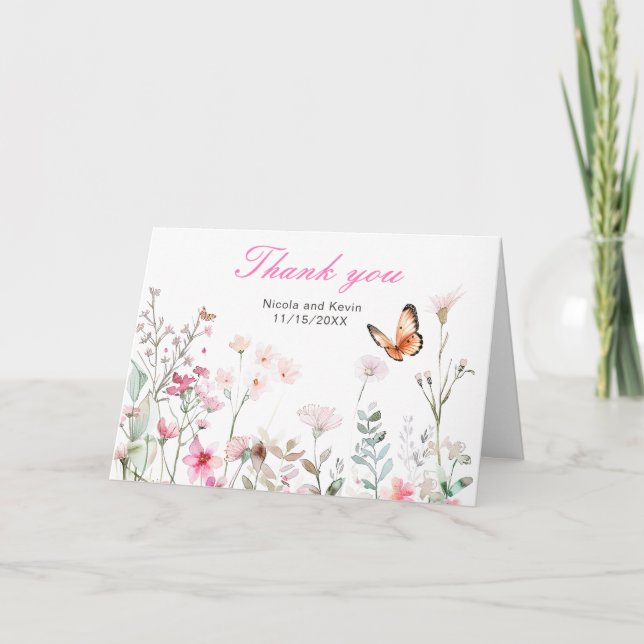 Tarjeta De Agradecimiento Boda floral mariposa rosa profunda de primavera (Anverso)