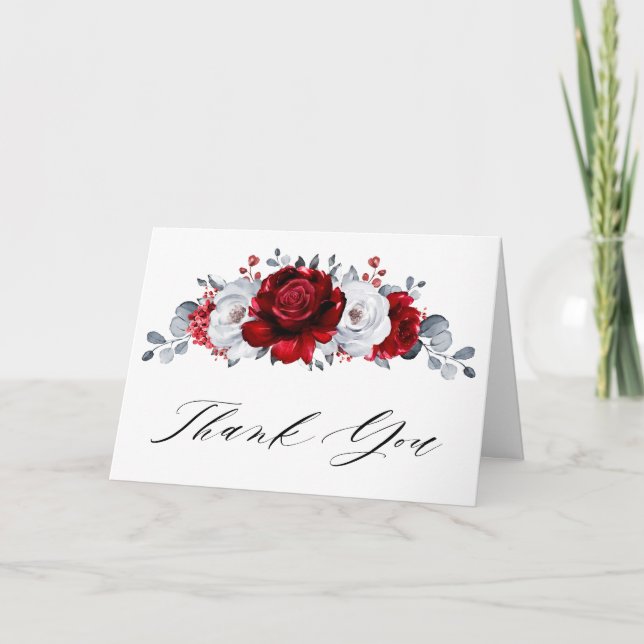 Tarjeta De Agradecimiento Boda floral metálico Royal Red White Silver (Anverso)