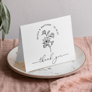 Tarjeta De Agradecimiento Boda Floral Minimalista Elegante en Blanco y Neg