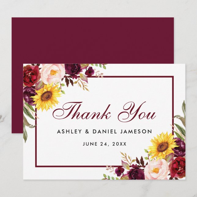 Tarjeta De Agradecimiento Boda floral mixta de acuarela burgundy (Anverso / Reverso)