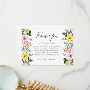 Tarjeta De Agradecimiento Boda floral moderna de primavera en amarillo, azul