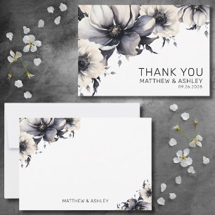 Tarjeta De Agradecimiento Boda Floral Moderna Elegante Boho Negra Blanca