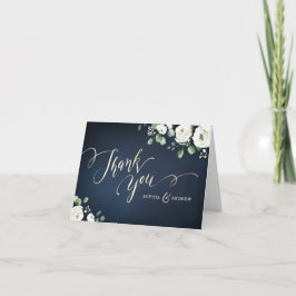 Tarjeta De Agradecimiento Boda floral moderna en azul marino y blanco con gu
