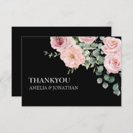 Tarjeta De Agradecimiento Boda floral moderno de color negro y rosa