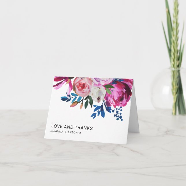 Tarjeta De Agradecimiento Boda floral moderno rosa brillante brillante (Anverso)