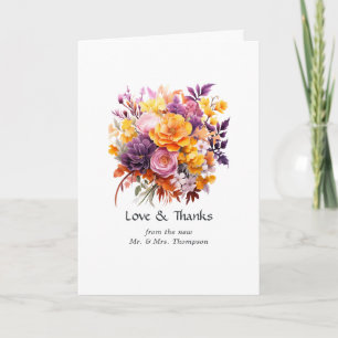Tarjeta De Agradecimiento Boda floral morada, naranja y amarilla