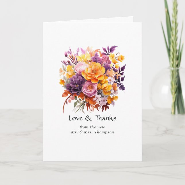 Tarjeta De Agradecimiento Boda floral morado, Naranja y amarillo (Anverso)