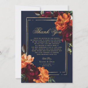 Tarjeta De Agradecimiento Boda floral naranja burgundy oscuro navy