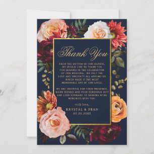 Tarjeta De Agradecimiento Boda Floral Naranja Burgundy Oscuro Navy Dorado