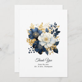 Tarjeta De Agradecimiento Boda floral naval, blanco y dorado